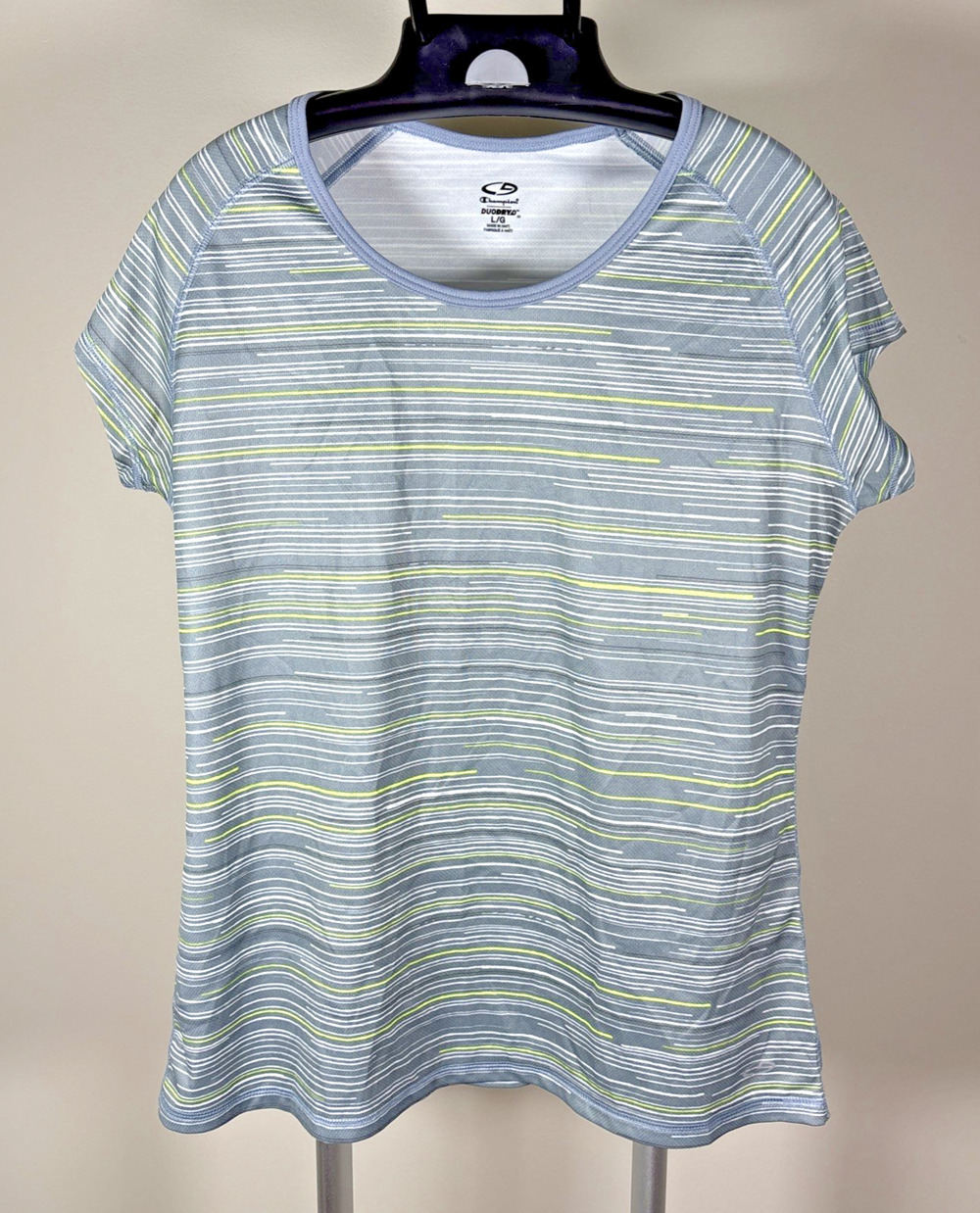 Champion DuoDry Short Sleeve Gray & Green Colorful Striped Top Stretchy Women L
